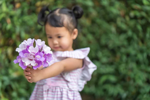 Shallow Focus Violet Roses Bouquet Offered Cute Southeast Asian Girl — Stock Photo, Image