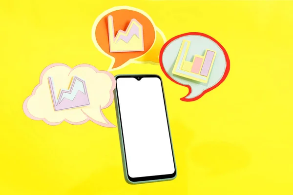 Smartphone Speech Bubbles Showing Financial Statistics Vibrant Yellow Background — Stock Photo, Image