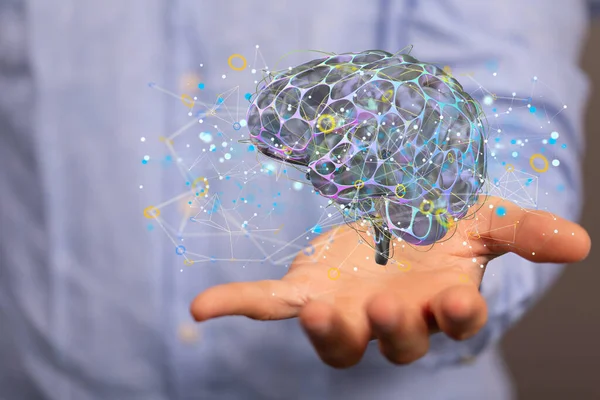 Una Mano Con Illustrazione Cervello Umano Concetto Intelligenza Artificiale — Foto Stock