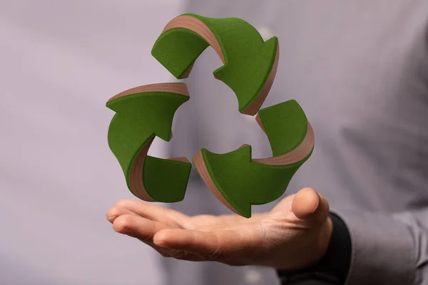 Eine Hand Hält Eine Ikone Des Recyclings Das Konzept Der — Stockfoto
