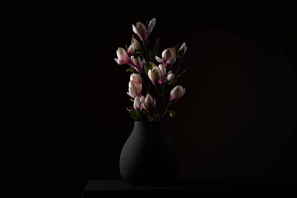 Faux Japanese Flowers Black Vase Black Background — Stock Photo, Image