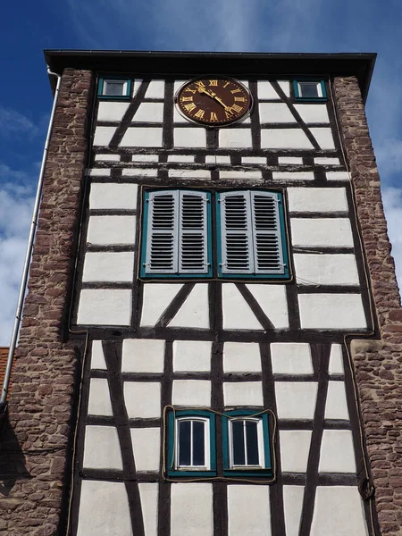 Vertical Closeup Shot Half Timbered Stone Tower Clock Gateway Hessen — Stock Photo, Image