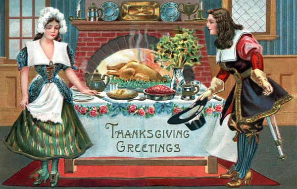 Illustration Pilgrim Couple Standing Dinner Table Vintage Thanksgiving Theme Postcard — Stock Photo, Image