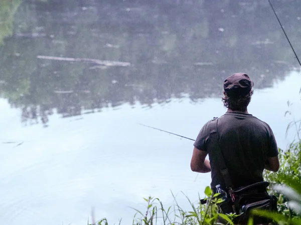 Rear View Man Fishing River — Stock Photo, Image