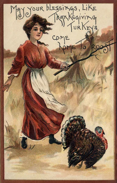 Vertical Illustration Sepia Lady Stick Driving Turkey Home Vintage Thanksgiving — Stock Photo, Image