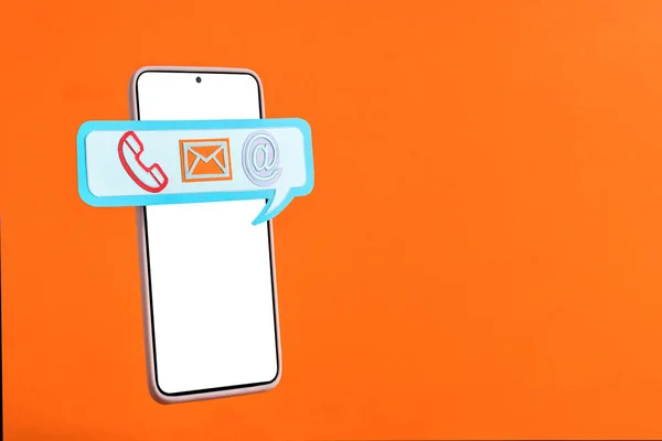 Smartphone Speech Bubble Displaying Email Call Icons Orange Isolated Background — Stock Photo, Image
