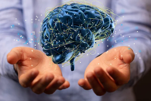 Mužské Ruce Držící Ilustraci Lidského Mozku Koncept Umělé Inteligence — Stock fotografie