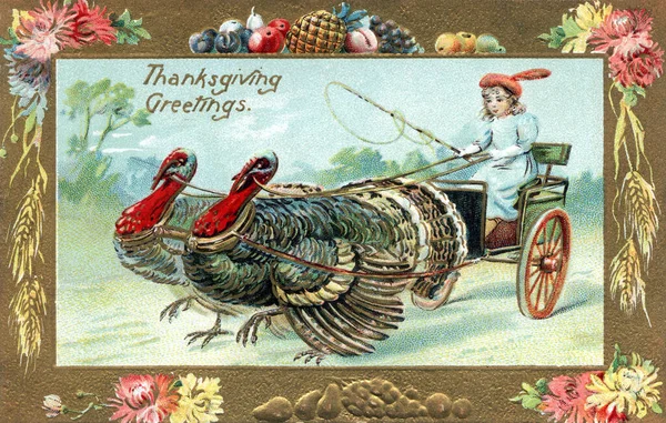 Illustration Young Lady Dress Cart Being Pulled Turkeys Vintage Thanksgiving — Stock Photo, Image