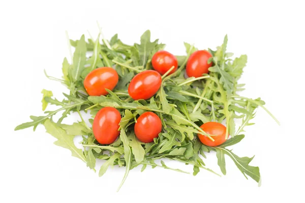Zbliżenie Romskich Pomidorów Liśćmi Rukoli Białym Tle — Zdjęcie stockowe