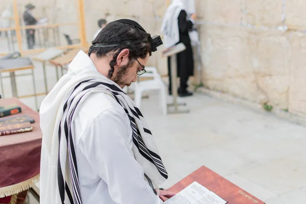 Young Orthodox Jewish Man Western Wall Shrine Jerusalem Praying Tefillin — Stock Photo, Image