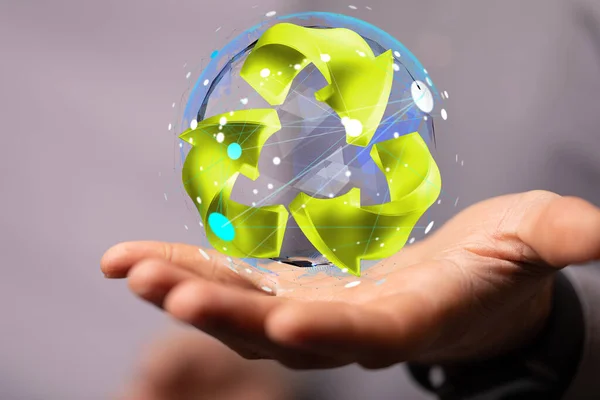 Sinal Reciclagem Verde Volumétrica Renderizada Realizada Mão Uma Pessoa — Fotografia de Stock