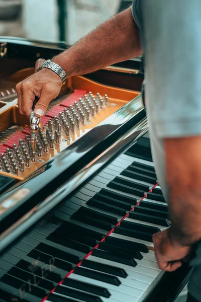 Vertical Shot Professional Male Tuning Repairing Piano — Stock Photo, Image