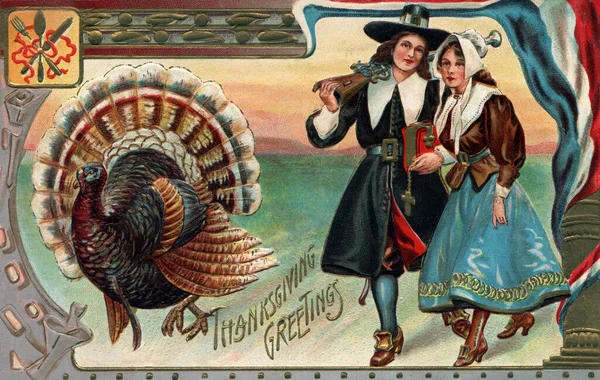 Illustration Pilgrim Couple Walking Hand Hand Vintage Thanksgiving Theme Postcard — Stock Photo, Image
