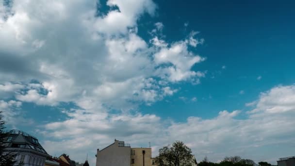 青い空のタイムラプス映像都市の上空に雲があり — ストック動画