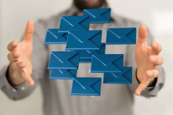Uma Renderização Ícones Envelope Azul Pairando Entre Mãos Homem — Fotografia de Stock