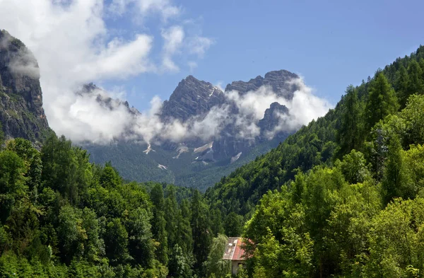 Una Vista Panorámica Densos Bosques Montañas Las Nubes Dolomitas Italia —  Fotos de Stock