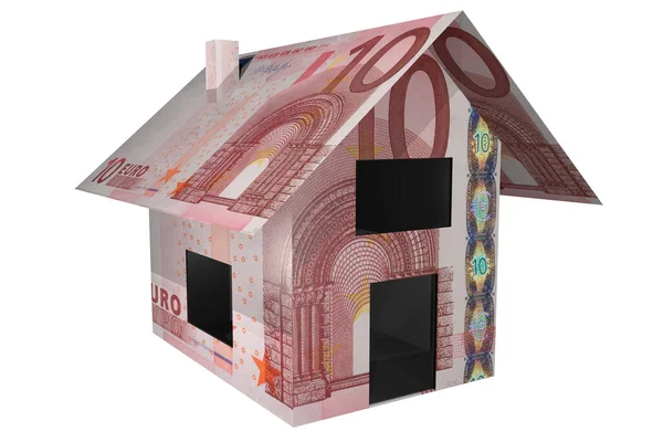 在白色背景上隔离的带有纸制货币墙的房子的3D渲染 — 图库照片