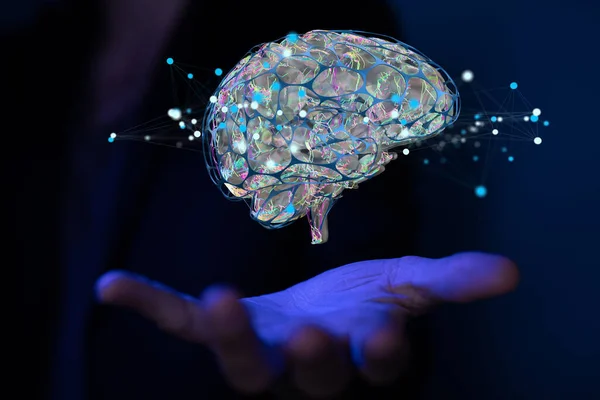Cervello Fantascientifico Astratto Reso Aleggia Sul Palmo Uomo Intelligenza Artificiale — Foto Stock
