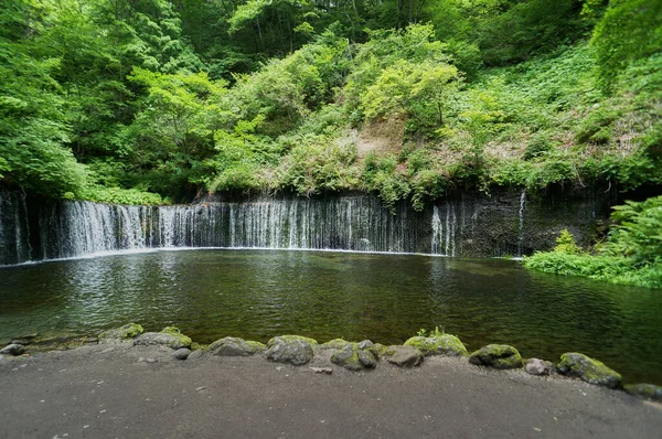 Detailní Záběr Krásné Karuizawa Shiraito Vodopád Japonsku Mezi Zelené Stromy — Stock fotografie