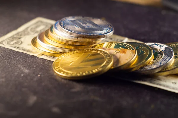 Closeup Shot Stacks Shiny Cryptocurrency Coins — Stock Photo, Image
