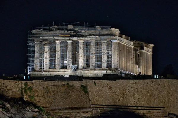 Der Tempel Des Parthenon Der Nacht Schön Beleuchtet Akropolis Griechenland — Stockfoto