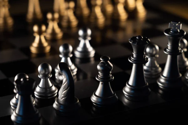 Closeup Shot Shiny Metallic Arranged Chess Board — Stock Photo, Image