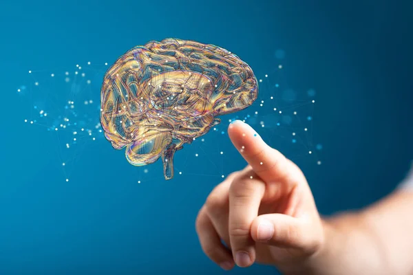 Holograma Cérebro Com Uma Mão Apontando Para Ele Fundo Azul — Fotografia de Stock