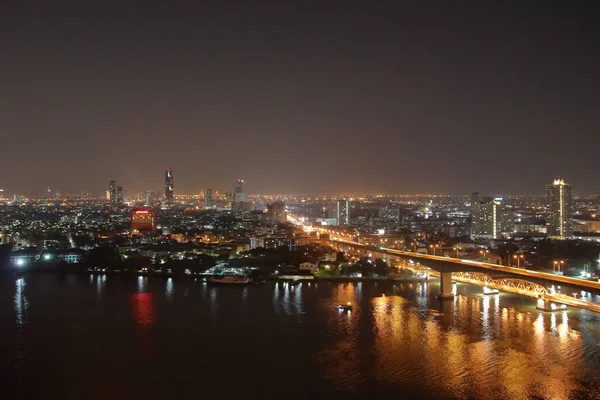 Paisaje Urbano Río Chaophraya Puente Bangkok Tailandia Sudeste Asiático Noche — Foto de Stock