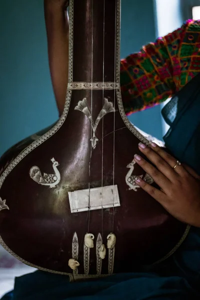 Medelålders Indisk Kvinna Som Innehar Ett Indiskt Musikinstrument Tanpura Eller — Stockfoto