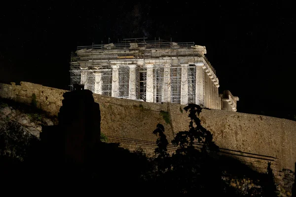 Tempio Del Partenone Splendidamente Illuminato Notte Acropoli Grecia Simbolo Globale — Foto Stock