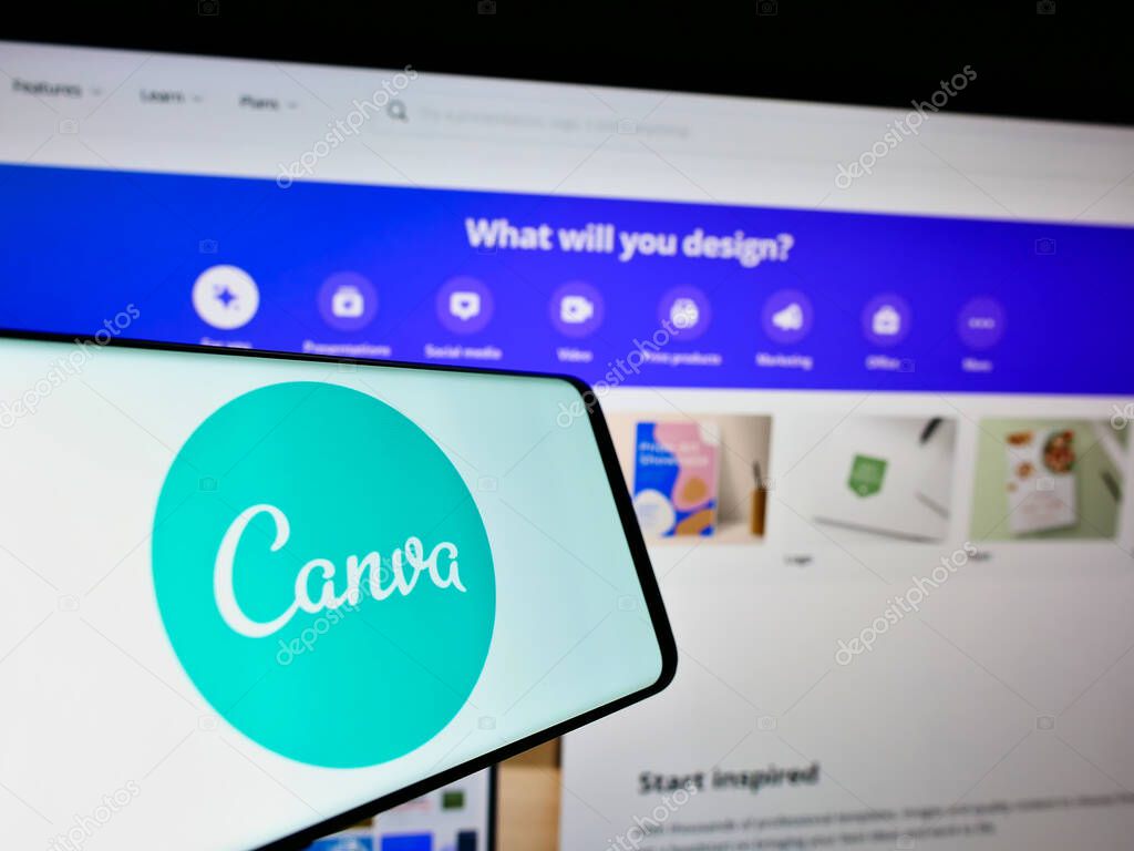 STUTTGART, GERMANY - Aug 14, 2021: Smartphone with logo of graphic design company Canva Pty Ltd on screen in front of website. Focus on center-right of phone display.