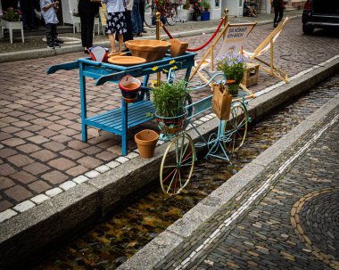 FREIBURG, GERMANY - Aug 18, 2021: The bicycle with potted flowers in the waters of Freiburg Bachle in Germany clipart