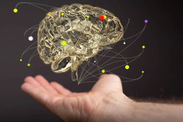 Vykreslený Hologram Mozku Vznášejícího Nad Dlaní Skutečných Osob — Stock fotografie