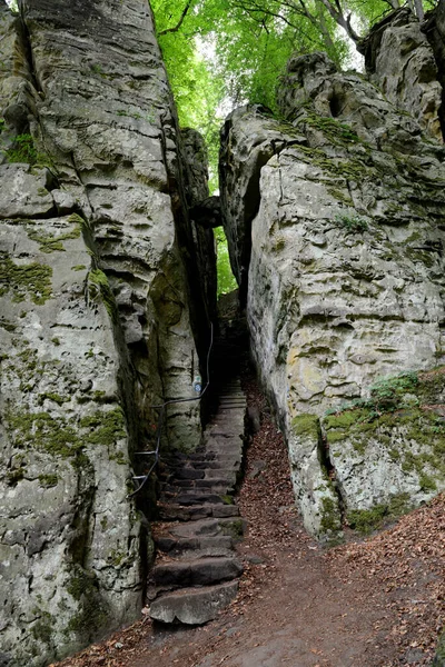 Keskeny Kőlépcsővel Borított Sziklák Függőleges Közelsége Teufelsschlucht Németország — Stock Fotó