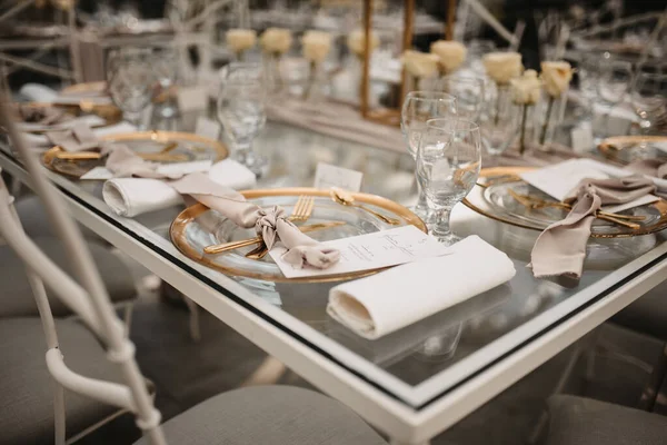 Closeup Classy Elegant Table Settings Outdoors Wedding Reception — Stock Photo, Image