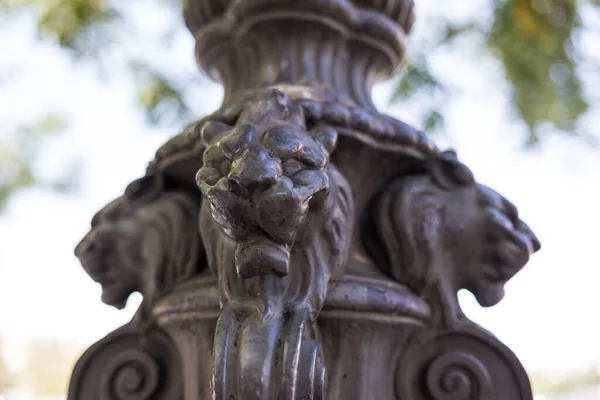 Ein Selektiver Fokus Eines Löwenkopfformigen Metallornamentes Freien — Stockfoto