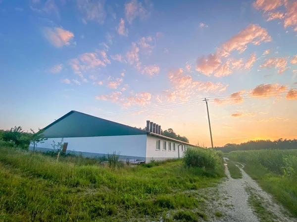 Moderne Varkensboerderij Beieren Met Rode Zonsondergang Achtergrond — Stockfoto