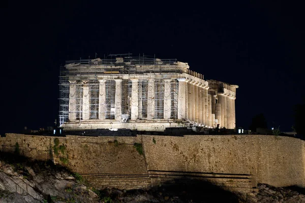 Tempio Del Partenone Splendidamente Illuminato Notte Acropoli Grecia Simbolo Globale — Foto Stock