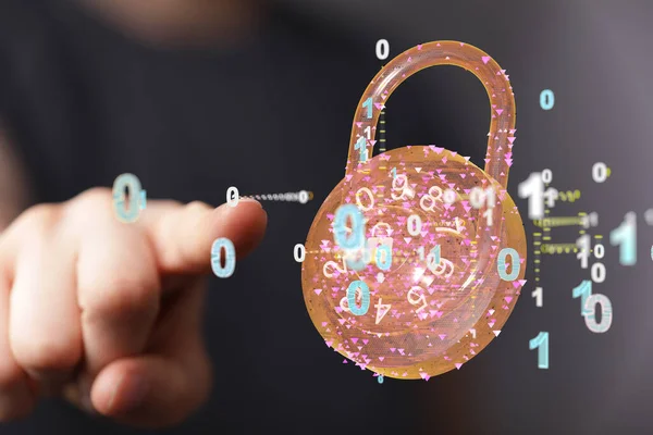 Renderował Hologram Kłódki Numerami Wskazującą Nią Ręką Bezpieczeństwo Sieci — Zdjęcie stockowe