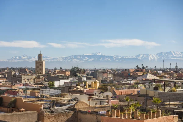 Horizonte Cidade Marrakech Área Medina Com Montanhas Atlas Atrás Região — Fotografia de Stock