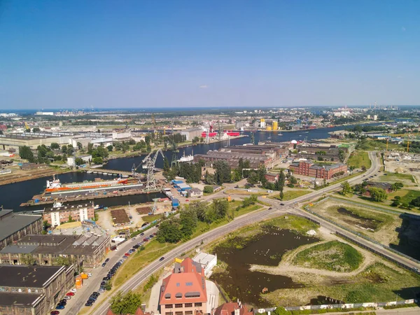 Gdansk Poland Jun 2021 Flygfoto Över Skeppskranar Och Gamla Hamnen — Stockfoto