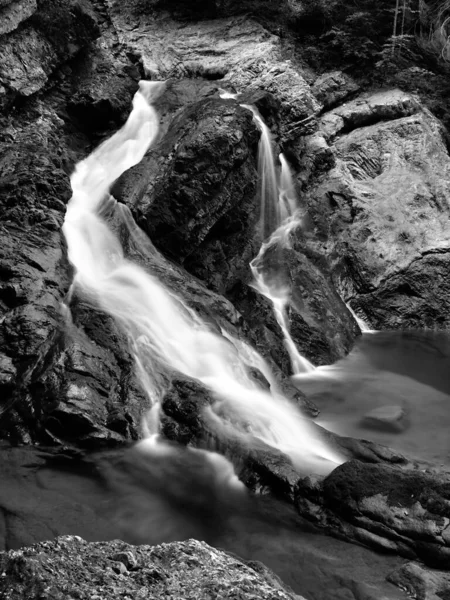 Exposition Longue Monochrome Une Cascade Dans Les Alpes Bavaroises Ruisseau — Photo