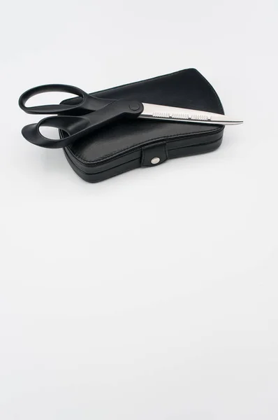 Black Leather Closed Manicure Set Bag Black Scissors Free Text — Stock Photo, Image