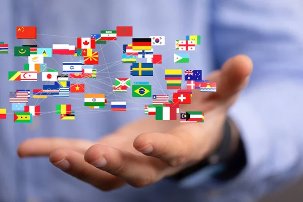 Världens Flaggor Svävar Över Persons Handflata Global Kommunikation — Stockfoto
