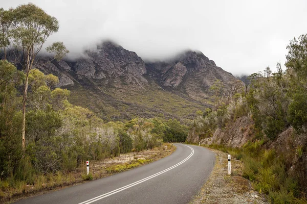 Gordon River Road Circondata Sentinelle Ricoperte Dalla Nebbia Tasmania Australia — Foto Stock