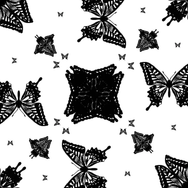 Nahtloses Muster Schwarzer Schmetterlinge Auf Weißem Grund — Stockfoto
