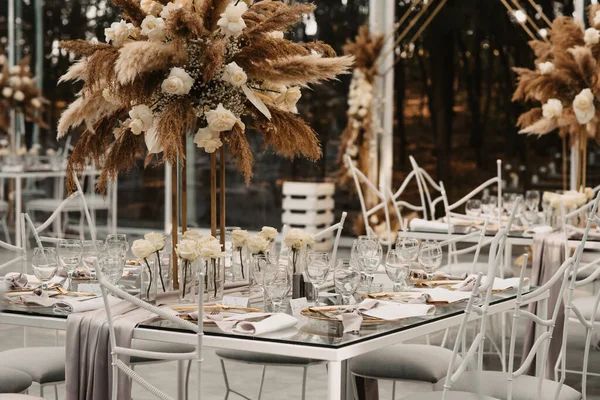 Closeup Classy Elegant Tables Outdoors Wedding Reception — Stock Photo, Image