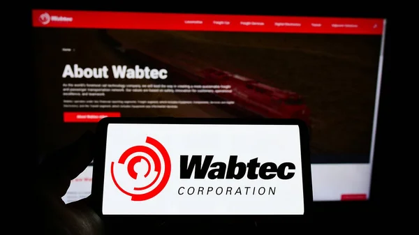 Stuttgart Germany Aug 2021 Person Holding Smartphone Logo Company Wabtec — Stock Photo, Image