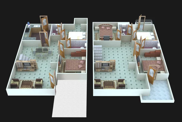 黑色底座上有家具的两张现代平面图的3D彩色插图 — 图库照片
