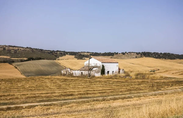 Dried Agricultural Field White Farmhouse Blue Sky Ronda Spain — Stock Photo, Image